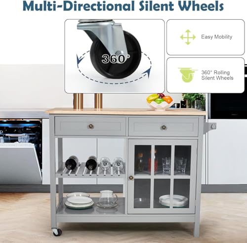 Rolling-Kitchen-Island-Cart-42-Width-Kitchen-Carts-with-Storage-Wood-Tabletop-2-Lockable-Wheels-Towel-Rack-Trolley-Cart-Utility-Glass-Cabinet-Open-Display-Shelf-Grey Rolling Kitchen Island Cart 42 Width Kitchen Carts with Storage Wood Tabletop 2 Lockable Wheels Towel Rack Trolley Cart Utility Glass Cabinet Open Display Shelf Grey