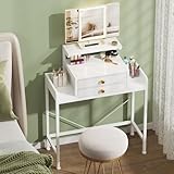 HIGDBFE Vanity Desk with Mirror and Lights, 28.4''W Small Makeup Vanity Table with Height-Adjustable Stand, 2 Fabric Drawers Compact Makeup Desk, Gift for Girls, Bedroom Small Space, White