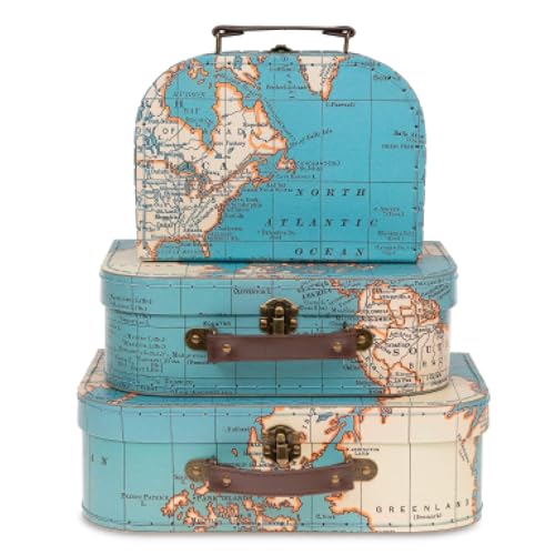 Jewelkeeper Paperboard Suitcases, Set of 3 Decorative Storage Boxes, Vintage Luggage for Birthdays, Weddings, World Map Design