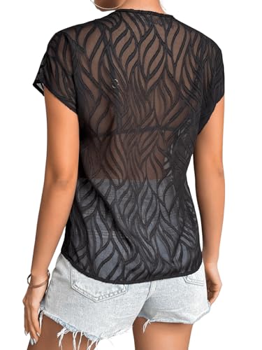 SweatyRocks Women's Sheer Mesh See Through Short Sleeve Blouse V Neck Plain Tee Shirt Tops2