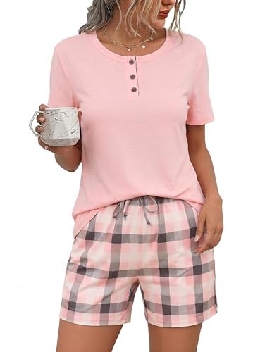 Litherday Womens Pyjamas Set Short Sleeve Ladies Cotton Pjs Soft Loungewear Sleepwear Tops Button Down and Checked Shorts