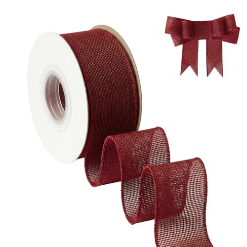 AFLZSP Wine Red Burlap Wired Ribbon Solid Ribbon with Wire Edge for Big Bow Wreath Outdoor Decoration Tree Decoration Gift Wrapping 1 1/2 Inch x 5 Yards/Roll.