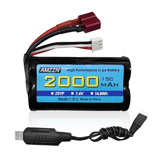 AMZZN 7.4V 2000mAh 15C 2S Lipo Battery with T-Plug and USB Charger for WLtoys 12423 MJX 14301 14303 14302 H16PL HP162S HM124 RC Cars 1/10,1/12,1/16 Ratio Toy Cars and Trucks (1PCS Battery+1 USB)