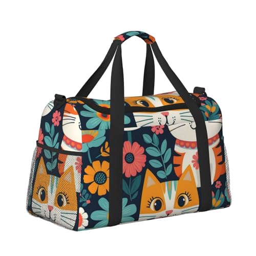 Funny Cats Birds and Flowers Print Travel Duffle Bag - Foldable Personal Item Travel Bag for Women & Men,13x10.2x19.73