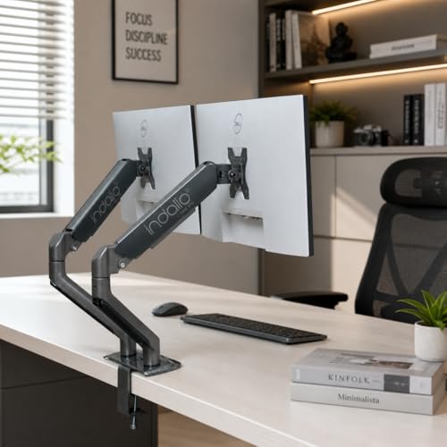 Image of Gas Spring Dual Monitor Arm Desk Mount, Fully Adjustable Heavy Duty Stand, VESA 75x75 100x100, C-Clamp and Grommet Base, Made in India, 2-Year Warranty (Dual Monitor ARM)