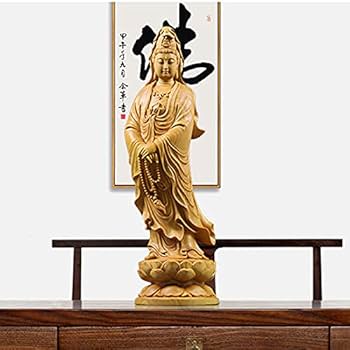 Amazon｜木雕佛像 观音菩萨立像 摆件 木雕 木制佛像 黄杨 观音像