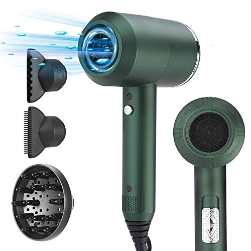 Secador Pelo, Anself Secador Pelo Profesional con 3 Velocidades Ajustable Viento Caliente/Fro con 3 Boquillas, Difusores, Herramientas de Peinado Porttiles para Viajes en Casa, 2000W 110-240V Verde