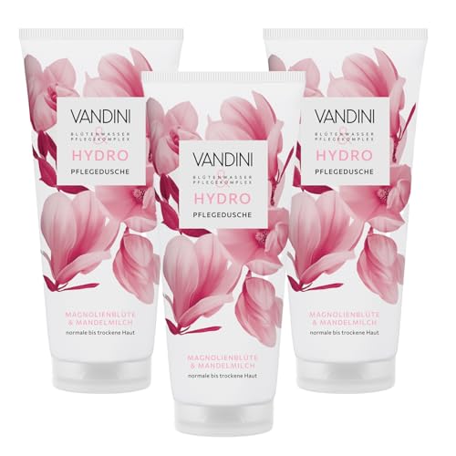 VANDINI 3x HYDRO Pflegedusche Damen 200 ml mit Magnolienblüte & Mandelmilch - Duschgel für normale bis trockene Haut - vegan, ohne Parabene & Silikone, dermatologisch bestätigt, Made in Germany