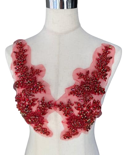 HelluyerDC 2PCS Rhinestones Beaded Shiny Applique patchs Big Size Flowers Easy Cut to Smaller Pieces Applique for Clothing Wedding Dress Prom Dress and Other DIY Decoration (Red-1)
