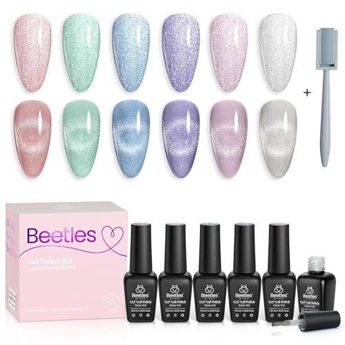 Escarabajos Kit de esmalte de uñas de gel de ojo de gato con brillo holográfico de 6 colores con imán Serie romántica de galaxias Juego de esmalte...