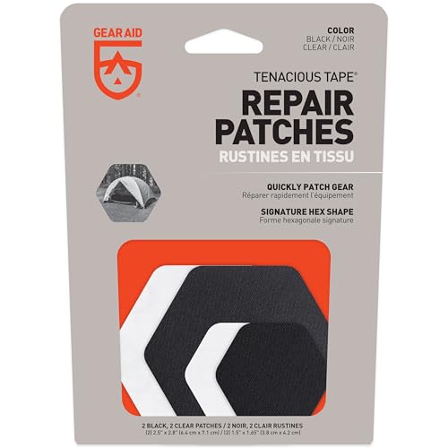 Image of GEAR AID Tenacious Tape Hex Repair Patches, 2.5 inch /1.5 inch, Clear /Black, 4 Count | Pre-Cut Peel-and-Stick Repair Patches for Fixing Holes, Tears and Burns in Jackets, Tents, Sleeping Bags and Gear