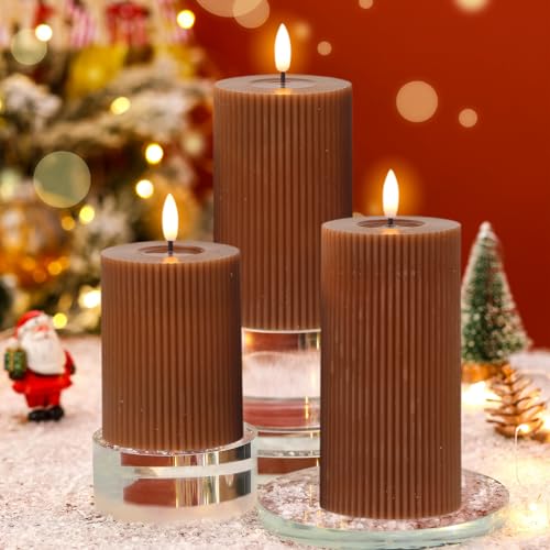 Image of Battery Operated Flameless Candles with 6 Hour Timer 3 Pack Real Wax Vertical Stripe 3D Wick Flickering LED Pillar Candles Dinner Wedding Christmas Holiday Decor(Brown, 3 inch D x 5 inch, 6 inch, 7 inch H)