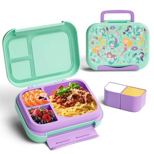 Kids Bento Lunch Box, 5-Compartment Leakproof Container with handle Movable Snack Box BPA-Free, Dishwasher & Microwave Safe Utensils Included for...