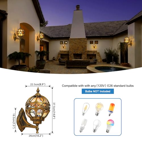 Gold Outdoor Wall Light Fixtures, Globe Exterior Aluminum Waterproof Porch Lights, Sphere Anti-Rust Outside Lantern Wall Mount with Amber Glass for Patio Backyard Garage Doorway, 2 Pack