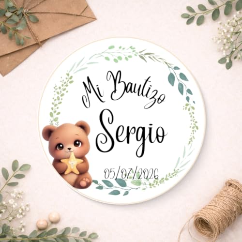 Pegatinas Bautizo Personalizadas con Nombre y Fecha – Pegatinas Redondas para Detalles, Regalos e Invitaciones (30 unidades de 3cm)
