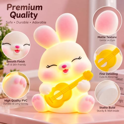 Image of Cute Bunny Night Light Lamp Battery Operated Table and Desk Decorations Gift Pandas (Guitar Bunny)