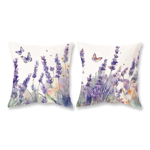 TAJWE Spring Pillow Covers 18x18 Inch Set of 2 Lavender Purple Flower Decorative Pillowcases Farmhouse Summer Seasonal Cushion Cases for Sofa Couch Home Decor