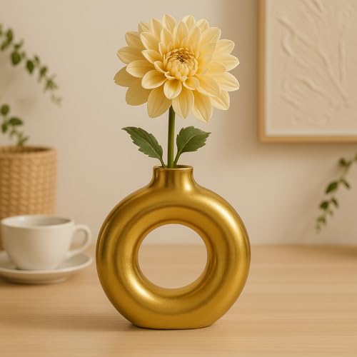 Image of Amazon Basics Artisan Crafted Ceramic Donut Shaped Vase for Unique Home Decor (9L cm x 4W cm x 16H cm) - Pack of 1, Gold