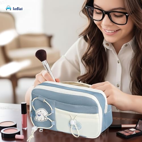 Image of FunBlast Pencil Pouch for Girls - Aesthetic Multi-Compartment Zipper Pouch with Drawstring Pocket, Cute Kawaii Pencil Case, Stylish Stationery Pouch, Return Gift for Kids & School Use (Grey)