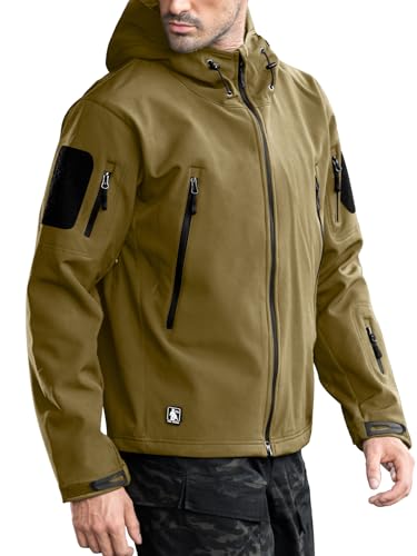 FREE SOLDIER Men's Outdoor Waterproof Soft Shell Hooded Military Tactical Rain Jacket (Olive, 2XL)