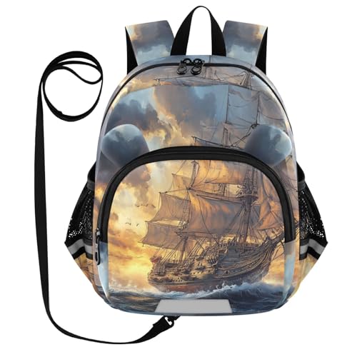 Ocean Galleon Ship Golden Toddler Harness Backpack for Boys Girls 3-6 Years Kids Backpack with Anti Lost Safety Leash Baby Protection Backpack for Travel Preschool Walking