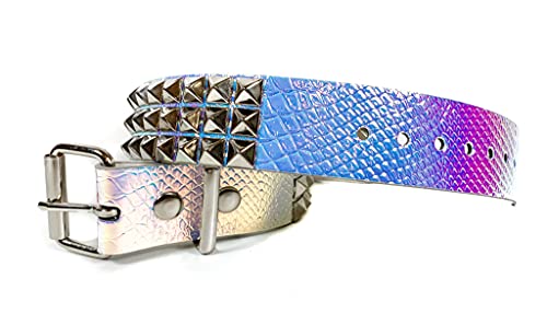 Snake Rainbow Holographic Three Row Black Pyramid Stud Rave Studded Belt Vegan Punk Goth
