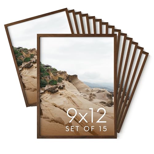 HAUS AND HUES 9x12 Walnut Oak Wood Picture Frames Set of 15 - Premium Bulk Picture Frames 9x12 Bundle - Elegant Gallery Wall Frame Set for Posters, Art Display - Ideal for Wall Decor in Home & Office