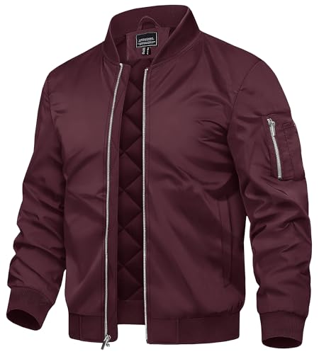 TACVASEN Bomber Jacket Men Windbreaker Jacket No Hood Men's Fleece Jackets and Coats Mens Thermal Lined Jacket Winter Coats Men Wine Red