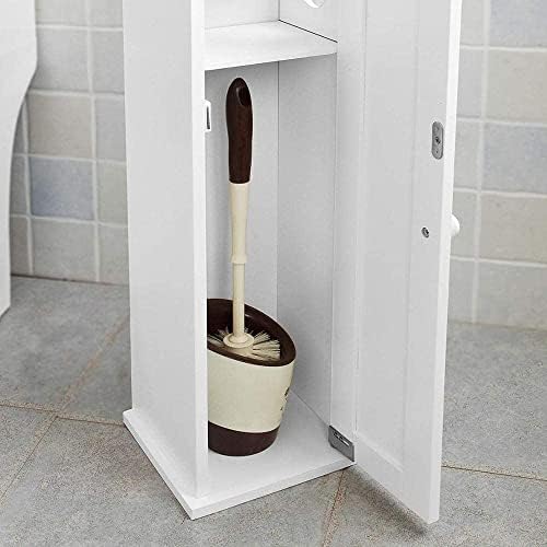 Toilet Paper Tissue Roll Holder MDF Wooden Free standing Storage Cabinet Rack Toilet Brush Organizer Home Office Bathroom (White)