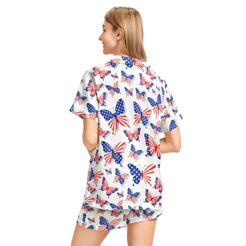 Image of Funny Pajamas for Women Set Print Satin Loungewear Pjs Short Sleeve Button Down Top and Shorts Sets Sleepwear XS-3XL