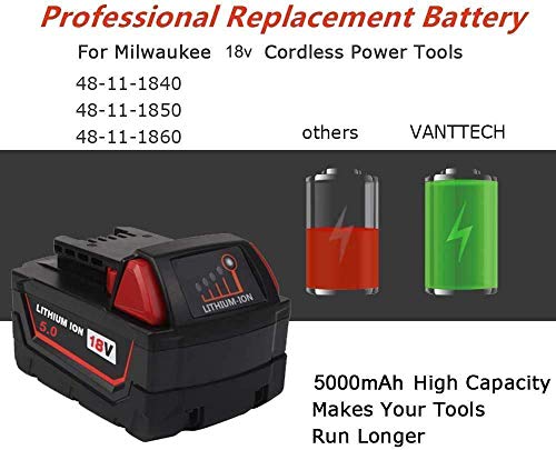2Pack 18V 5.0Ah Replacement Battery for Milwaukee 18olt Battery Lithium Power Tools 48-11-1810 48-11-1820 48-11-1850 48-11-1828 48-11-1860