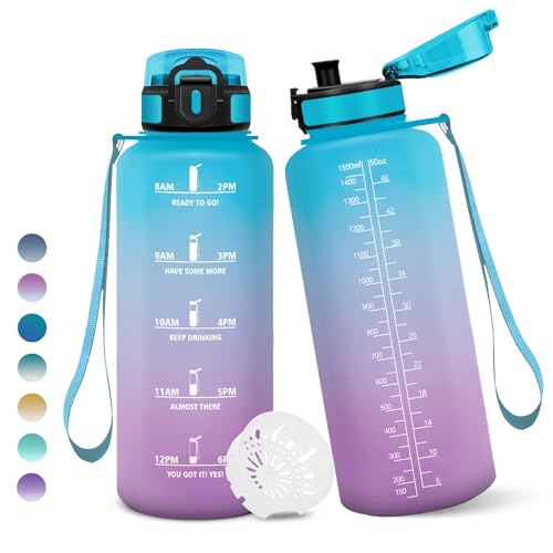 Motswedi Botella Agua, 1.5 litro Libre de BPA, Botella Agua Gimnasio, Con Marca de Tiempo, Botellas, Diseño de Cerradura a Prueba de Fugas, Botellas Para Niños para Deportes -Azul&Morado