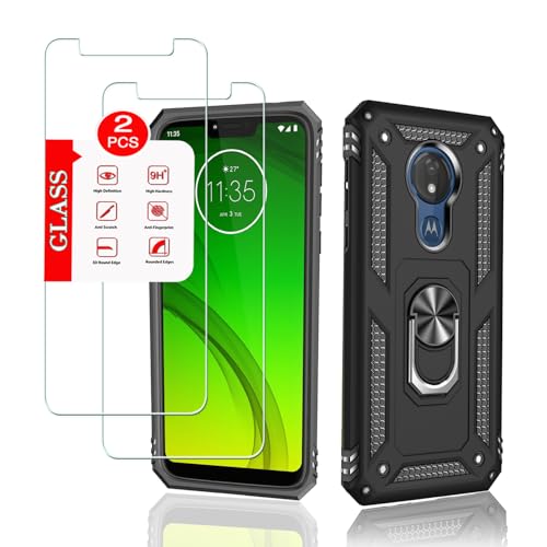 for Motorola Moto G7 Power Case with [2 Pack] Tempered Glass Screen Protector, for Moto G7 Supra /G7 Optimo maxx Case Heavy Duty Armor [Military-Grade] Protective，with Magnetic Ring Stand Cover Black