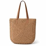 Bolsa de Praia Feminina Grande de Palha, Estilo Boho com Alças de Couro, sintético.