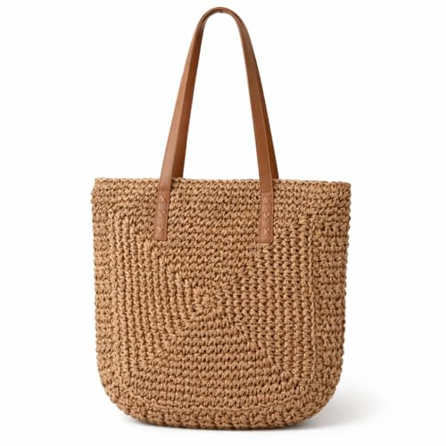 Bolsa de Praia Feminina Grande de Palha, Estilo Boho com Alças de Couro, sintético.