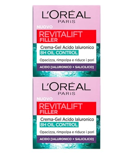 L'Oréal Paris Revitalift Filler Crema-Gel Opacizzante Rimpolpante 8H Oil Control Acido Ialuronico e Acido Salicilico Tonificante Idratante Riduce i Pori per Pelli Miste e Grasse - 2 Barattoli da 50ml