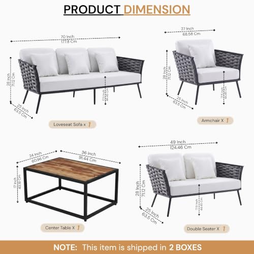Image of DEVOKO 6-Seater Outdoor Rope Conversation Set with Wooden Top Table Water-Resistant Cushions, Strong Metal Frame High Weight Capacity Furniture for Garden, Terrace, Backyard(Blackish Grey & Off-white)