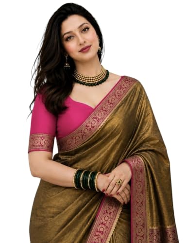 Image of Women's Glory Banarasi Satin Silk Saree with Rich Zari Woven Border & Pallu | Soft Glossy Party Fancy Traditional Saree for Wedding, Festive, Function | Blouse Piece Included