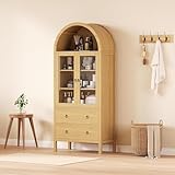 CuisinSmart 71' Arched Kitchen Pantry Cabinet, Modern Kitchen Pantry Storage Cupboard with Glass Doors, Versatile Storage Cabinet with Adjustable Shelves for Living Room, Dining Room, Natural