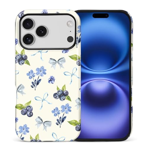 ilikediy for iPhone 17 Pro Case, Aesthetic Blueberry Bow Tie Hybrid 2 Layer Hard Shell Silicone Protective Pattern Design Case