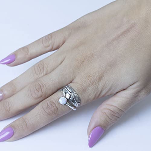 925 Sterling Silver Adjustable Feather Ring For Women With White Opal Gemstone; Open Ended Spiral Ring; Dainty Feather Sizable Ring Jewelry Wrap And Fit To Every Finger, Handmade Jewelry For Women #TOP1