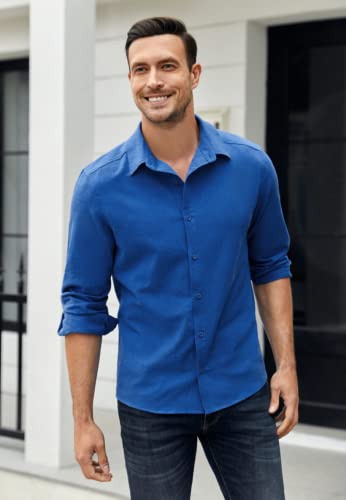 Mens Long Sleeve Cotton Linen Shirt Casual Button Down Dress Shirts Solid Plain Beach Tops Blue #TOP3