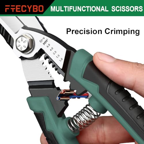 Image of Heavy Duty Industrial Scissors 8.5'', Electrician Scissors with Finely Serrated CR-V Powerful Blades, Easy Cutting Wires, Cardboard, Plastic, Carpet, Wire Stripping and Crimping
