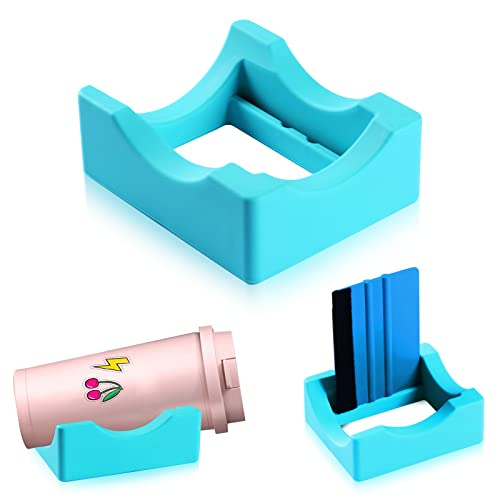 Silicone Cup Cradle for Tumblers with Built-in Slot, Tumbler Holder for Crafts Use to Apply Vinyl Decals for Tumblers, Small Tumbler Stand Cup Holder with Felt Edge Squeegee for Cups Bottles（Cyan