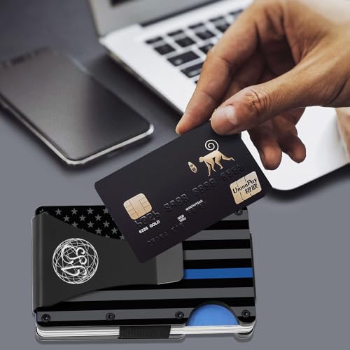 Black & Gray American Flag Engraved, Minimalist Wallet, RFID Blocking Aluminum Slim Wallet With Money Strap (Blue Line with Money Clip)4