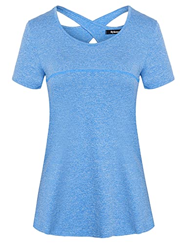 Sykooria T-Shirt Femme Sportshirt Manches Courtes Schnell Trocken Elastisch Yoga Gym Tshirt, C-blau, XXL