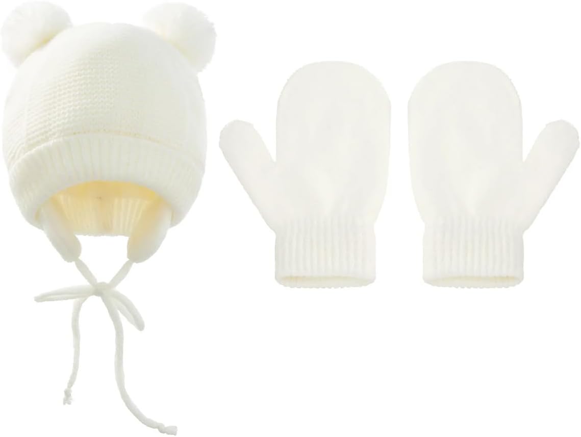 Toddler Hat Glove Set, Winter Warm Knitted Pompom Beanie Mittens
