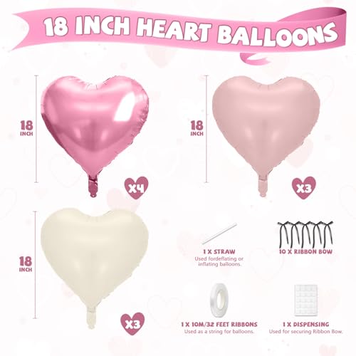 Image of Pink Heart Balloons, 10 Pcs Pastel Pink Cream Heart Shaped Balloon with Black Bow Ribbon, 18 Inch Pink Sand White Foil Balloons for Girls Women Brithday Baby Shower Wedding Valentines Party Decoration