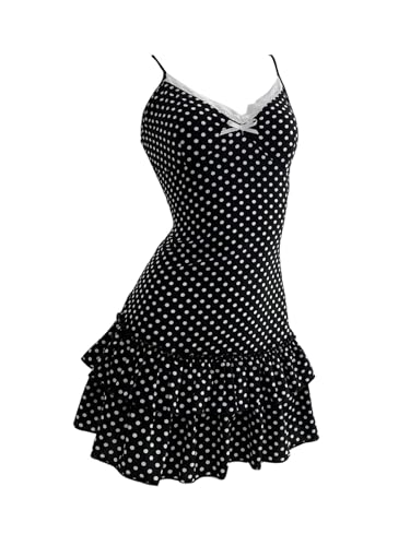 MakeMeChic Women's Polka Dots Lace Cami Dress V Neck Tiered Ruffle Y2k Mini Dresses