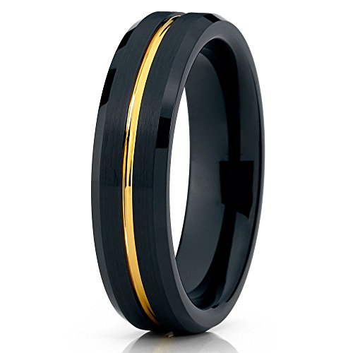 Yellow Gold Tungsten Wedding Band,6mm Black Tungsten Ring,Black Tungsten Wedding Band,Anniversary Ring